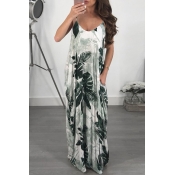 Lovely Leaf Print Green Floor Length Dress