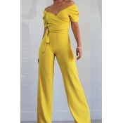 Lovely Casual Dew Shoulder Yellow Jumpsuit(With El