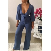Lovely Sexy Deep V Neck Purple Jumpsuit(With Elast