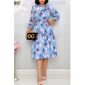 Lovely Stylish Floral Print Light Blue Knee Length