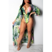 Lovely Printed V Neck Green One-piece Swimwear(Wit