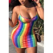 Lovely Sexy Striped Multicolor Mini Dress(With Ela