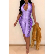 Lovely Sexy Printed Purple Twilled Satin One-piece