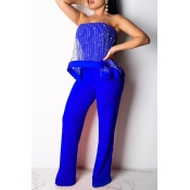 Lovely Sexy Mesh Patchwork Blue Jumpsuit