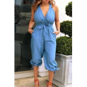 Lovely Casual Knot Design Baby blue One-piece Jump