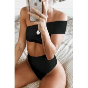 Lovely Casual One Shoulder Black Two-piece Swimwea