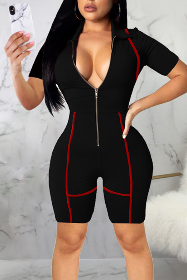 Lovely Casual Zipper Design Black One-piece Romper