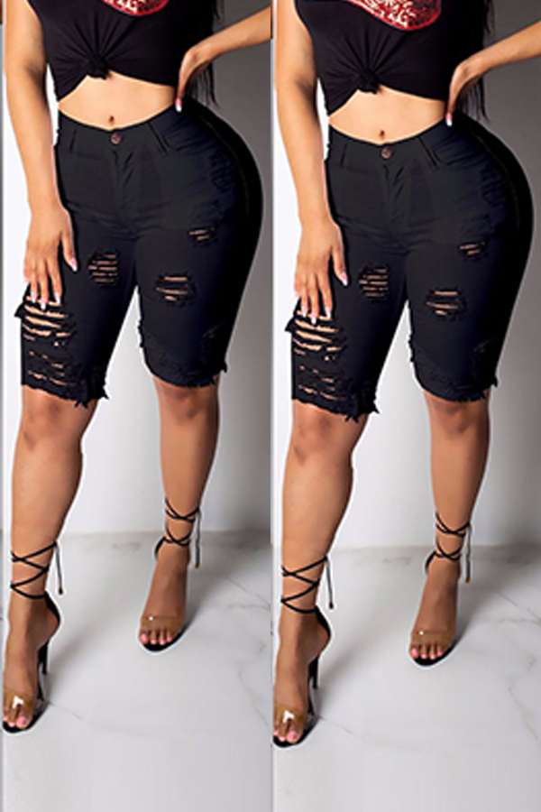Lovely Casual Broken Holes Black Shorts