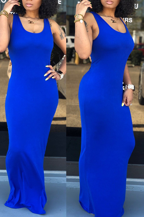 Lovely Casual Royal Blue Floor Length Dress(With Elastic)