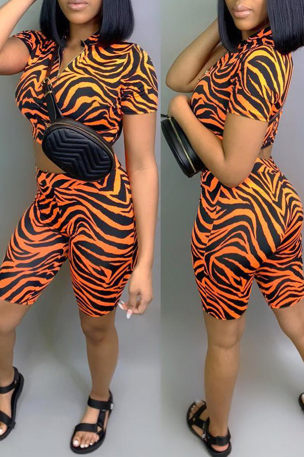 Lovely Leisure Printed Orange Two-piece Shorts Set