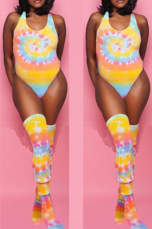 Lovely U Neck Tie-dye Yellow One-piece Swimwear(With Socks)
