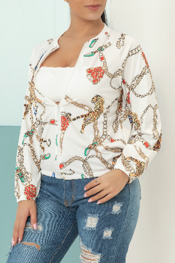 Lovely Casual Long Sleeve Printed White Jacket