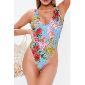 Lovely Blue Print Backless One-piece Swimsuit