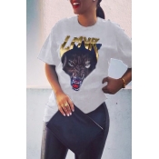 Lovely Casual Wolf Printed White T-shirt