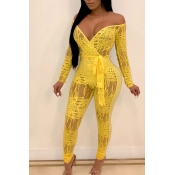 Lovely Sexy See-through Yellow One-piece Jumpsuit 