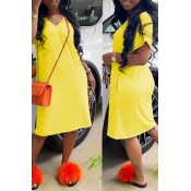 LW COTTON Casual Loose Straight Yellow Knee Length