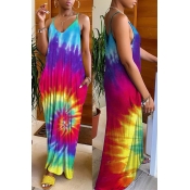 Lovely Casual V Neck Tie-dye Red Ankle Length Dres