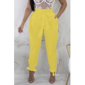 Lovely Stylish High Waist Lace-up Yellow Pants
