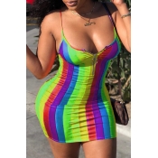 Lovely Sexy Striped Green Mini Dress(With Elastic)