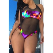LW Purple Mesh Stitching One-piece Swimwear