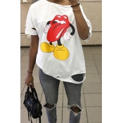 Lovely Casual Printed Broken Holes White T-shirt