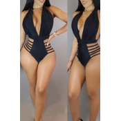 Lovely Deep V Neck Hollow-out Black One-piece Swim