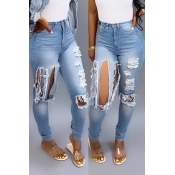 Lovely Casual High Waist Broken Holes Light Blue J