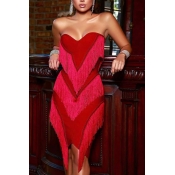 Lovely Off The Shoulder Tassel Design Red Knee Len