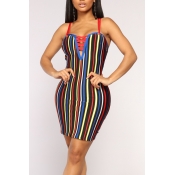 Lovely Stylish Striped Hollow-out Red Mini Dress(W