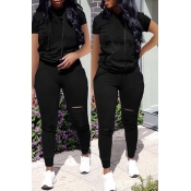 Lovely Casual Broken Holes Black Two-piece Pants S