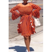 Lovely Off The Shoulder Printed Orange-red Two-pie