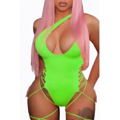Lovely One Shoulder Hollow-out Green One-piece Swi