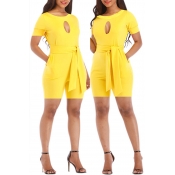 Lovely Casual Lace-up Hollow-out Yellow One-piece 