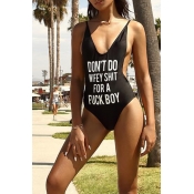 Lovely Sexy Letter Printed Black One-piece Swimwea