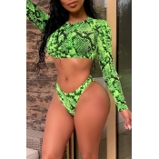 Lovely Chic Snakeskin Printed Green Two-piece Swim