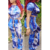 Lovely Sexy Tie-dye Hollow-out Blue Two-piece Pant