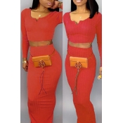 Lovely Casual O Neck Red Two-piece Skirt Set(Witho