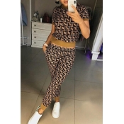Lovely Casual O Neck Printed Coffee Two-piece Pant