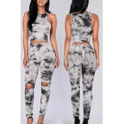 Lovely Casual Printed Broken Holes Grey Two-piece 