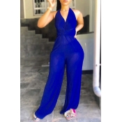Lovely Sexy Halter Neck Blue One-piece Jumpsuit(Wi