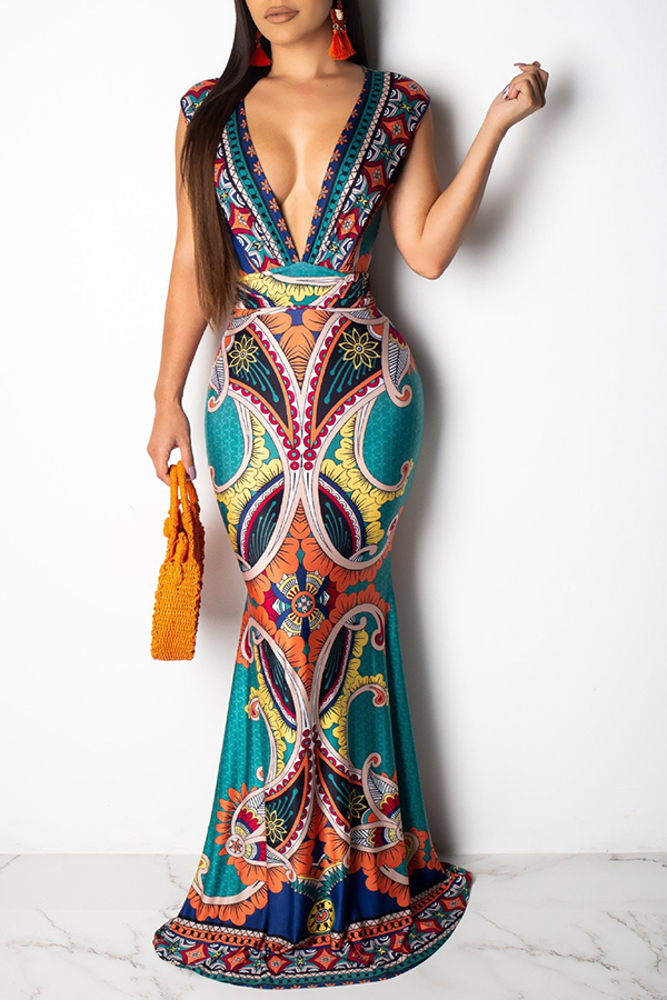 Lovely Sexy Deep V Neck Printed Green Floor Length Dress