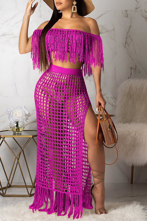 LW Off The Shoulder Tassel Design Rose Red Cover-up(Top+Bottoms)