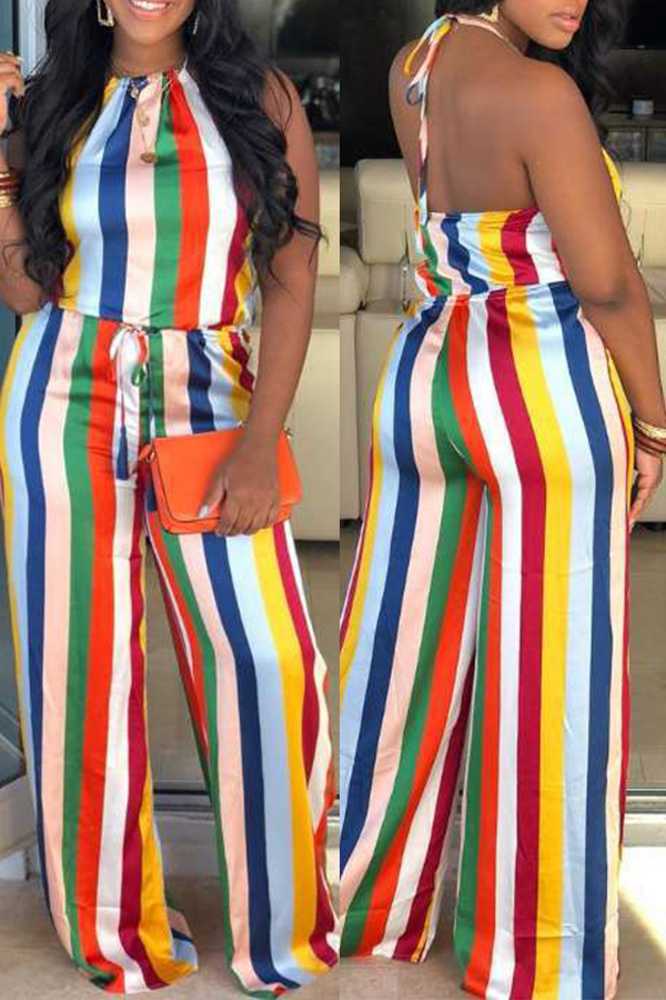 Lovely Sexy Halter Neck Striped Printed Multicolor One-piece Jumpsuit
