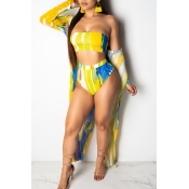 Lovely Off The Shoulder Printed Yellow Three-piece