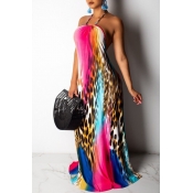 Lovely Sexy Halter Neck Printed Floor Length Dress