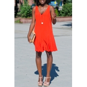 Lovely Casual V Neck Red Knee Length Dress