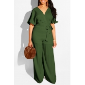 Lovely Work V Neck Lace-up Army Green One-piece Lo