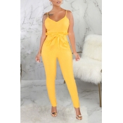 Lovely Casual Skinny Lace-up Yellow One-piece Jump