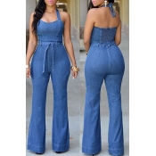 Lovely Sexy Halter Neck Blue One-piece Jumpsuit