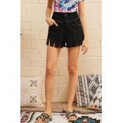 Lovely Trendy Tassel Design Black Shorts